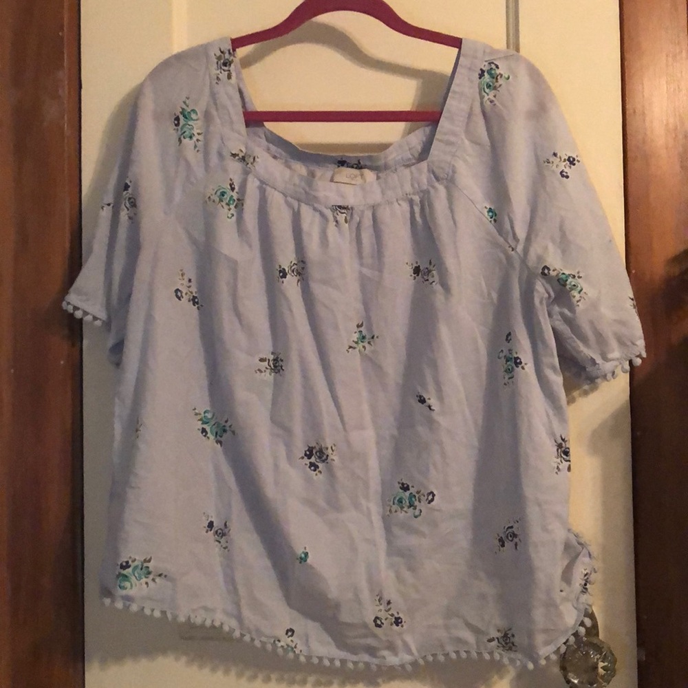 Pale Blue Floral Blouse with Bobble Fringe